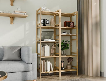 Tall Narrow Bookshelf, 5 Tier Bathroom Shelf Bamboo, Floor Standing Display Storage Organizer for Small Space, Adjustable Shelves, Natural Wood Bookcase - LeafyLoom