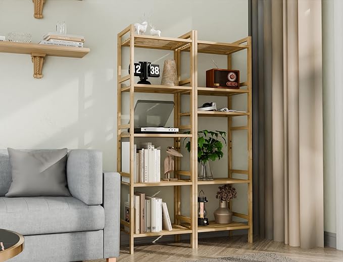 Tall Narrow Bookshelf, 5 Tier Bathroom Shelf Bamboo, Floor Standing Display Storage Organizer for Small Space, Adjustable Shelves, Natural Wood Bookcase - LeafyLoom