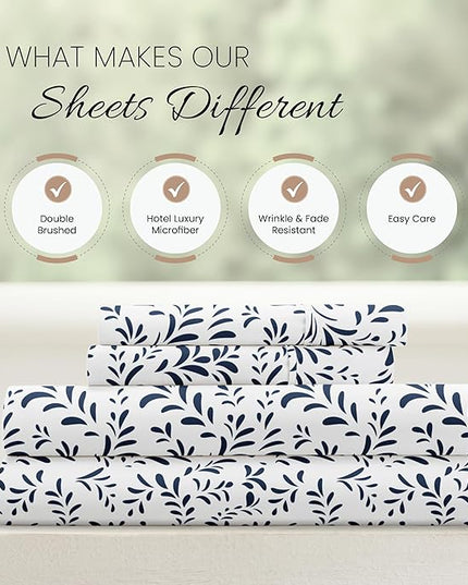 Linen Market 4 Piece Queen Bedding Sheet Set (Navy Vines) - Sleep Better Than Ever with These Ultra-Soft & Cooling Bed Sheets for Your Queen Size Bed - Deep Pocket Fits 16" Mattress - LeafyLoom