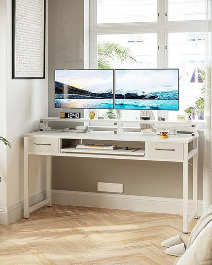 ODK Computer Desk Study Table, 55 Inch Office Desk with Drawers and Keyboard Tray, Study Desk Work Desk with Monitor Shelf, Writing Desk with Storage for Home Office, White - LeafyLoom