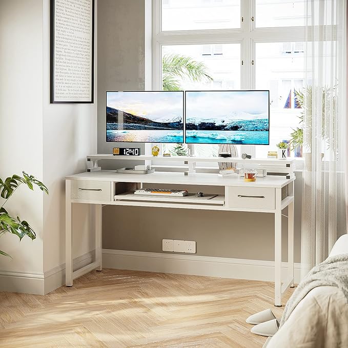 ODK Computer Desk Study Table, 55 Inch Office Desk with Drawers and Keyboard Tray, Study Desk Work Desk with Monitor Shelf, Writing Desk with Storage for Home Office, White - LeafyLoom