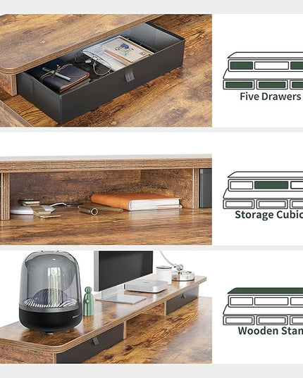 FEZIBO Height Adjustable Electric Standing Desk with 5 Drawers, 55 x 24 Inch Table with Storage Shelf, Sit Stand Desk Black Frame/Rustic Brown Top, 55 inch - LeafyLoom