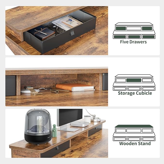 FEZIBO Height Adjustable Electric Standing Desk with 5 Drawers, 55 x 24 Inch Table with Storage Shelf, Sit Stand Desk Black Frame/Rustic Brown Top, 55 inch - LeafyLoom