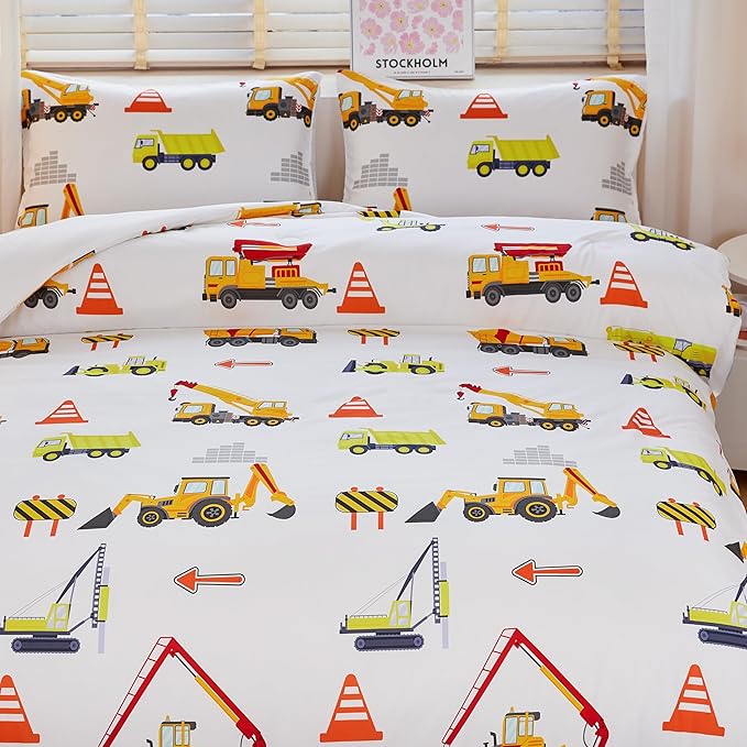 Kids Twin Comforter Set for Boys,Engineering Vehicle Comforter Set Twin,Tractor Comforter,Kids Crane Bedding Sets,Excavator Comforter with 2Pillowcases - LeafyLoom
