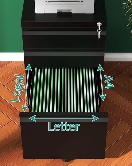 3 Drawer Mobile File Cabinet with Lock, Under Desk Metal Filing Cabinet, Fully Assembled Rolling File Cabinet with Wheels for Home Office Letters/Legal/A4 (Black) - LeafyLoom