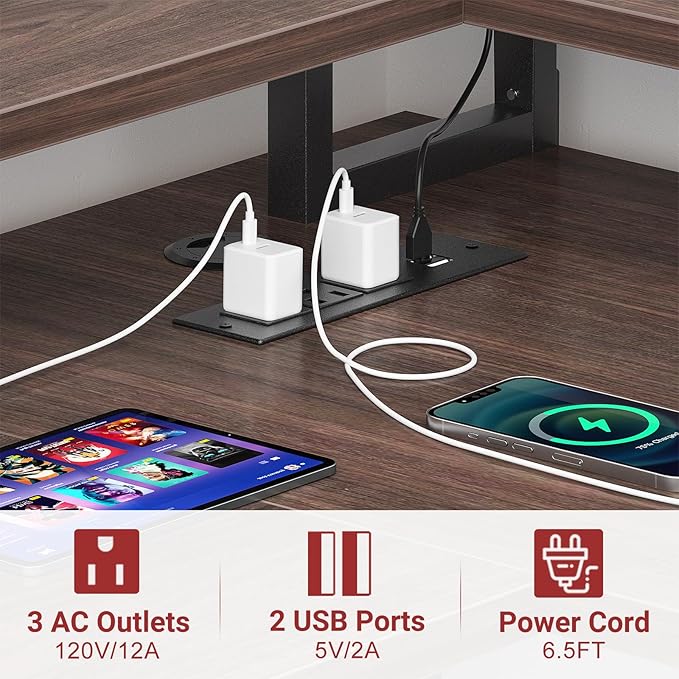 armocity L Shaped Computer Desk with Power Outlets, Gaming Desk L Shaped with LED Lights, Corner Desk with Storage Shelves, Work Study Desk for Bedroom, Home Office Small Spaces, 47'', Black - LeafyLoom
