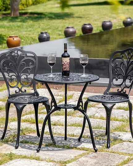 Outdoor Bistro Set 3 Piece Patio Bistro Set, Cast Aluminum Bistro Table and Chairs Set of 2, Small Patio Table Set for Porch, Black - LeafyLoom