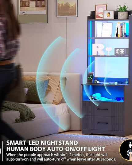 Vlsrka Tall Nightstand with Charging Station, 54" Smart Nightstand with LED Lights, Modern Night Stand with Bookshelf, Bedside Tables with Storage Cabinet for Bedroom, Grey - LeafyLoom