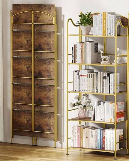Folding Bookshelf No Assembly, 5 Shelf Gold Folding Bookcase, Industrial Tall Metal Collapsible Corner Book Shelf with Storage Shelves for Bedroom, Living Room, Home Office Organization - LeafyLoom