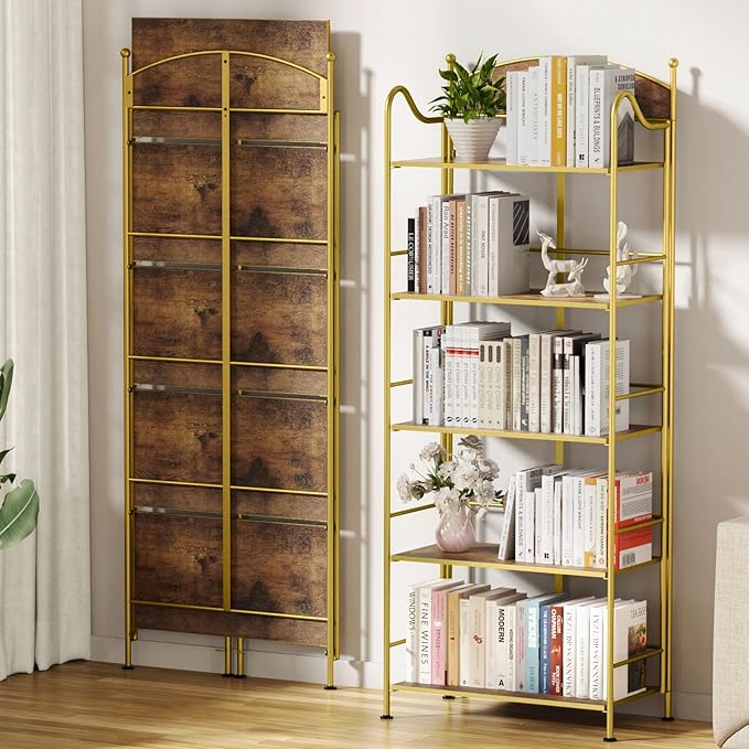 Folding Bookshelf No Assembly, 5 Shelf Gold Folding Bookcase, Industrial Tall Metal Collapsible Corner Book Shelf with Storage Shelves for Bedroom, Living Room, Home Office Organization - LeafyLoom