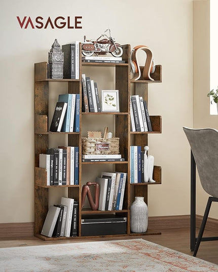 VASAGLE Bookshelf, Tree-Shaped Bookcase with 13 Storage Shelves, Rounded Corners, 9.8”D x 33.9”W x 55.1”H, Rustic Brown ULBC67BXV1 - LeafyLoom
