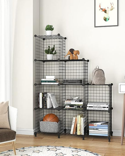 Wolizom Wire Cube Storage, Metal Grids Shelves Bookshelf, Stackable Modular Shelving Organizer, DIY Closet Bookcase Bookshelf, Grid Storage Shelf for Bedroom, Living Room, Office (Black, 9 Cube) - LeafyLoom