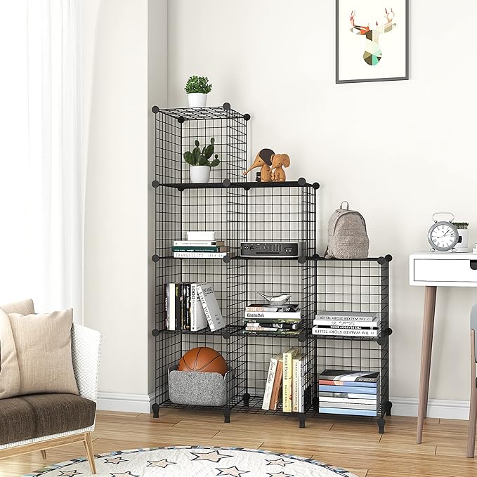 Wolizom Wire Cube Storage, Metal Grids Shelves Bookshelf, Stackable Modular Shelving Organizer, DIY Closet Bookcase Bookshelf, Grid Storage Shelf for Bedroom, Living Room, Office (Black, 9 Cube) - LeafyLoom