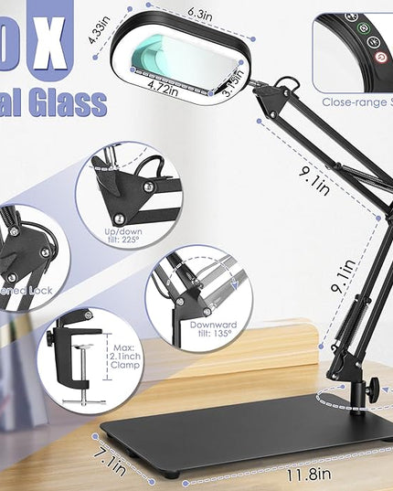 10X Square Magnifying Glass with Light and Stand, Real Glass LED Lighted Magnifier, 5 Color Modes Stepless Dimmable, Hands-Free Mag Desk Lamp with Clamp for Reading Craft Hobby Close Work - LeafyLoom