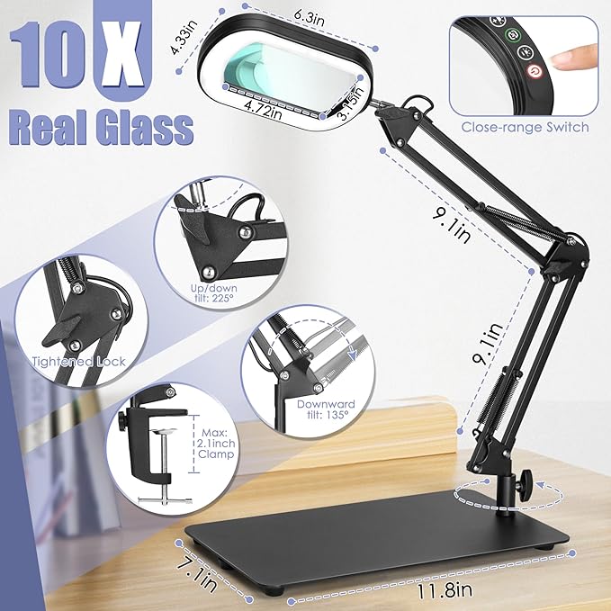 10X Square Magnifying Glass with Light and Stand, Real Glass LED Lighted Magnifier, 5 Color Modes Stepless Dimmable, Hands-Free Mag Desk Lamp with Clamp for Reading Craft Hobby Close Work - LeafyLoom