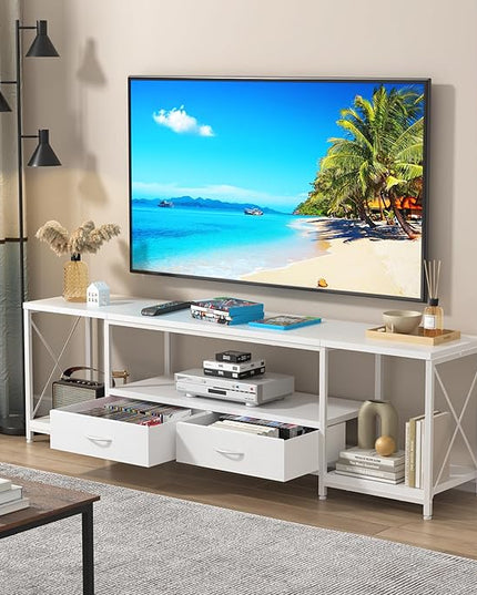 TV Stand with Fabric Drawers for 55 60 65 Inches TV - Entertainment Center and Industrial TV Console Table with Open Storage Shelves for Living Room, Bedroom - 55.1" White - LeafyLoom