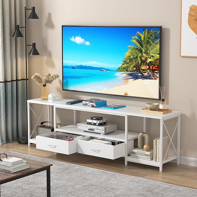 TV Stand with Fabric Drawers for 55 60 65 Inches TV - Entertainment Center and Industrial TV Console Table with Open Storage Shelves for Living Room, Bedroom - 55.1" White - LeafyLoom