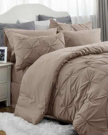 Bedsure Twin Comforter Set with Sheets - 5 Pieces Twin Bedding Sets, Pinch Pleat Khaki Twin Bed in a Bag with Comforter, Sheets, Pillowcase & Sham, Kids Bedding Set - LeafyLoom