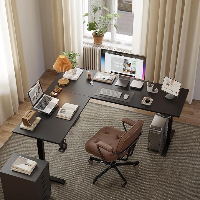 L Shaped Standing Desk Adjustable Height, Electric Corner Standing Desk, 63 x 55 inch Sit Stand Computer Table with Splice Board, Gaming Table, Black - LeafyLoom