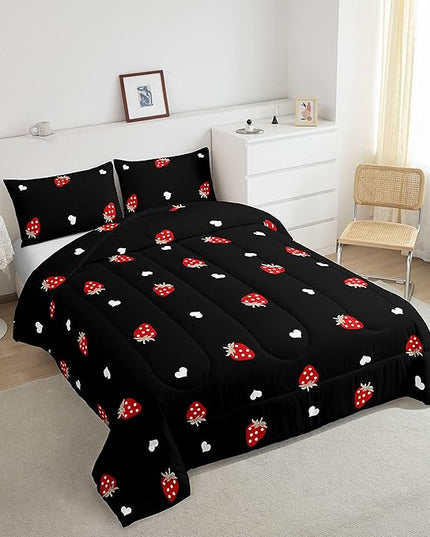 Erosebridal Strawberry Comforter Set Queen Size Red and Black Kawaii Strawberry Bedding Set for Kids Girls Women Bedroom Decor Children Cute Sweet Tropical Fruit Comforter Soft Reversible Bedding - LeafyLoom
