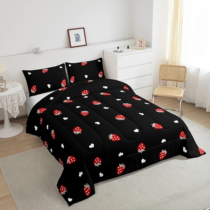 Erosebridal Strawberry Comforter Set Queen Size Red and Black Kawaii Strawberry Bedding Set for Kids Girls Women Bedroom Decor Children Cute Sweet Tropical Fruit Comforter Soft Reversible Bedding - LeafyLoom