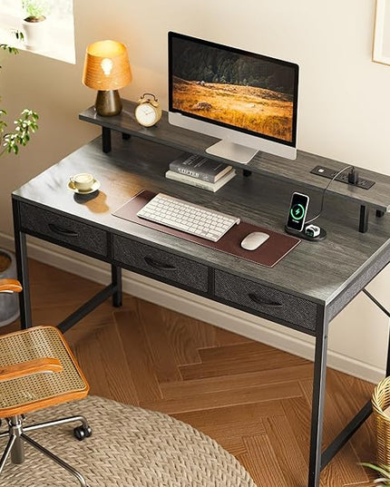 47 inch Computer Desk with 3 Drawers, Office Desk Gaming Desk with LED Lights & Power Outlets, Home Office Desks with Storage Space for Bedroom, Work from Home, Gray - LeafyLoom