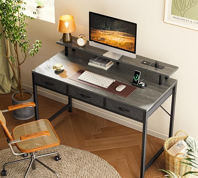 47 inch Computer Desk with 3 Drawers, Office Desk Gaming Desk with LED Lights & Power Outlets, Home Office Desks with Storage Space for Bedroom, Work from Home, Gray - LeafyLoom