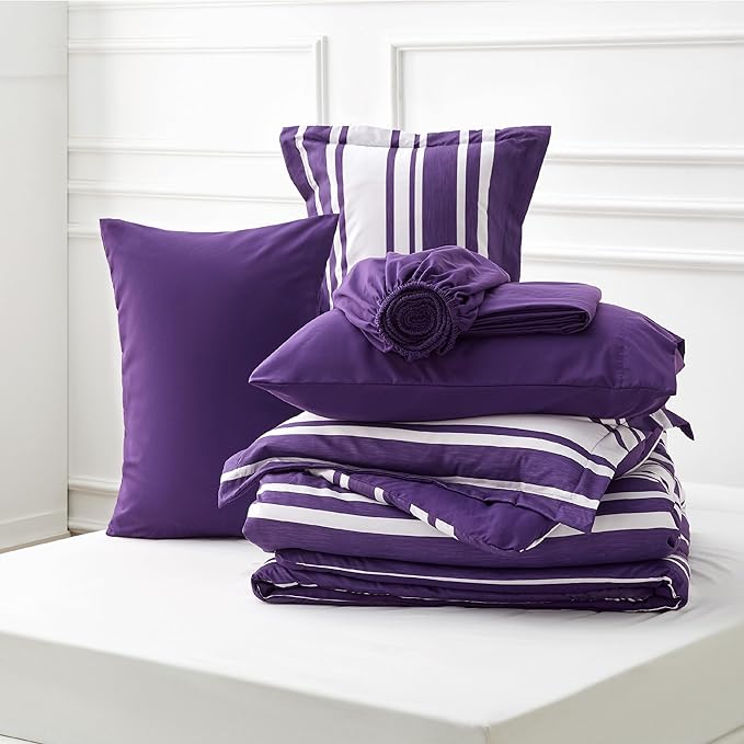 Bedsure Bed in a Bag Queen Size 7-Piece Purple White Striped Bedding Comforter Sets All Season Bed Set, 2 Pillow Shams, Flat Sheet, Fitted Sheet and 2 Pillowcases - LeafyLoom