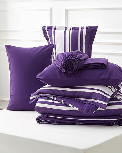 Bedsure Bed in a Bag King Size 7-Piece Purple White Striped Bedding Comforter Sets All Season Bed Set, 2 Pillow Shams, Flat Sheet, Fitted Sheet and 2 Pillowcases - LeafyLoom