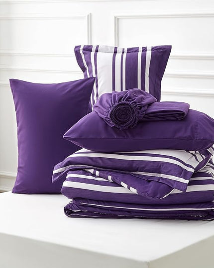 Bedsure Bed in a Bag Twin Size 5-Piece Purple White Striped Bedding Comforter Sets All Season Bed Set with 1 Pillow Sham, Flat Sheet, Fitted Sheet and 1 Pillowcase - LeafyLoom