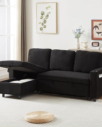 3 Seater Reversible Sleeper Sectional Sofa Bed with Storage Chaise Lounge and Cupholders, Corduroy Upholstered Convertible Sofabed Corner Couch,L Shaped Sofá for Living Room Office, Black 78.5" - LeafyLoom