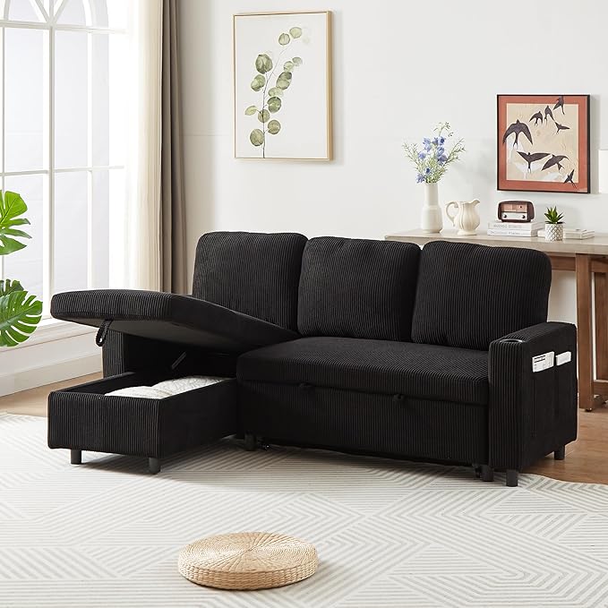 3 Seater Reversible Sleeper Sectional Sofa Bed with Storage Chaise Lounge and Cupholders, Corduroy Upholstered Convertible Sofabed Corner Couch,L Shaped Sofá for Living Room Office, Black 78.5" - LeafyLoom