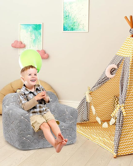 ALIMORDEN Kids Ultra-Soft Snuggle Foam Filled Chair, Glow-in-The-Dark Dinosaurs Fossil Pattern Toddler Cuddly Sherpa Reading Couch for Boys and Girls - LeafyLoom