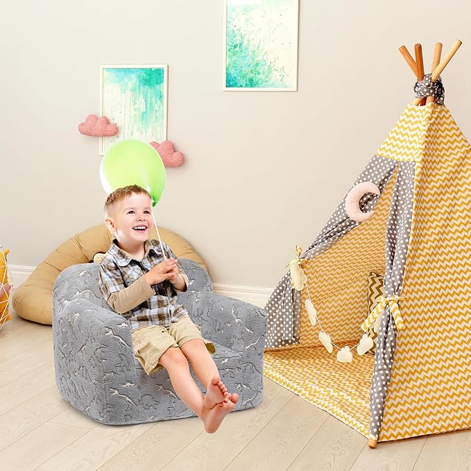 ALIMORDEN Kids Ultra-Soft Snuggle Foam Filled Chair, Glow-in-The-Dark Dinosaurs Fossil Pattern Toddler Cuddly Sherpa Reading Couch for Boys and Girls - LeafyLoom