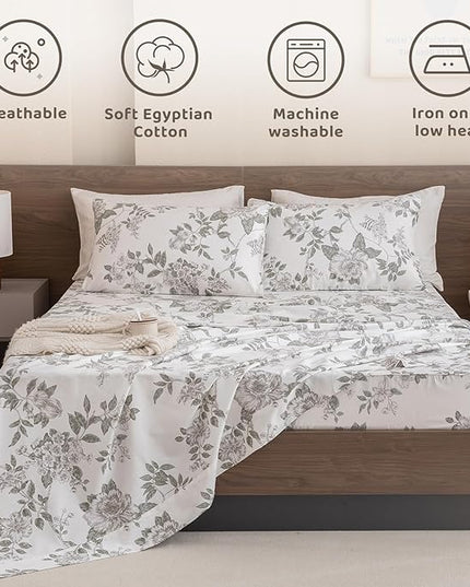 QSH Floral Egyptian Cotton Sheets Queen Size - Green Botanical Elegant Flower Pattern Printed Bedding Sheets Queen Size Bed Extra Soft and Breathable 4pcs Deep Pockets Bed Sheets - LeafyLoom