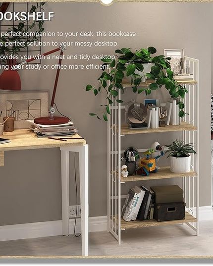 4NM No-Assembly 4 Tiers Folding Bookshelf Storage Shelves Vintage Bookcase Standing Racks Study Organizer Home Office - Natural and White - LeafyLoom