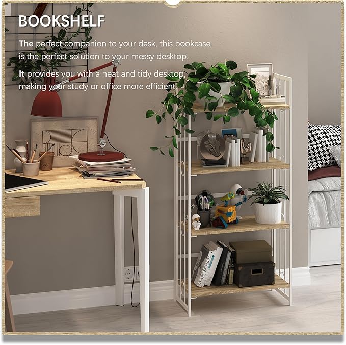 4NM No-Assembly 4 Tiers Folding Bookshelf Storage Shelves Vintage Bookcase Standing Racks Study Organizer Home Office - Natural and White - LeafyLoom