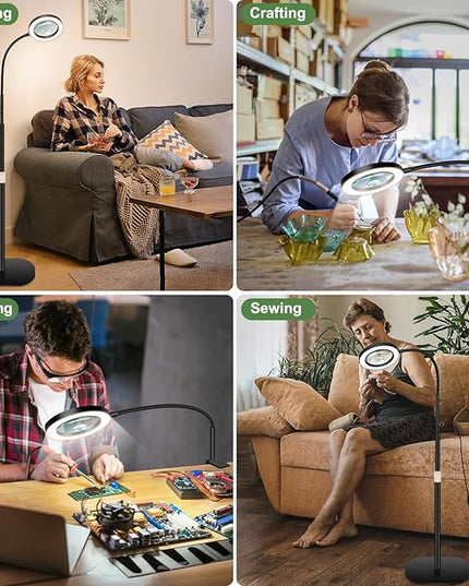 10X&5X Magnifying Glass with Light, 3-in-1 Magnifying Floor Lamp, Flexible Goose Neck, 3 Color Modes 10 Levels Dimmable LED Lighted Magnifier Lamp for Home Office Close Wrok Reading Hands Free - LeafyLoom