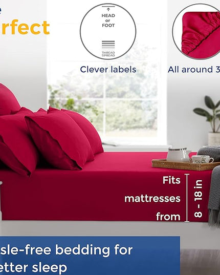 THREAD SPREAD 100% Egyptian Cotton Sheets California King Size - 600 Thread Count 4 PC Luxury Sheets Cal King Size, Soft, Cooling Hotel Luxury Bed Sheets & Pillowcases, Fits Mattress upto 18" - Red - LeafyLoom