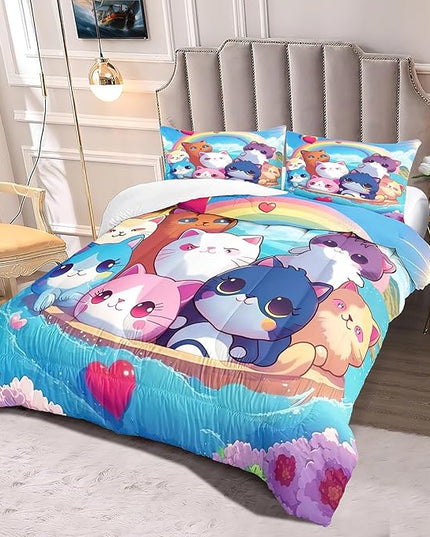 Cat Bedding Set Queen Size - Cute Girls Bedding Cat Comforter Set for Kids Teens Girls Cartoon Animal Print Cat Quilt Soft Breathable Kid Comforter Set, 1 Comforter 2 Pillowcase - LeafyLoom
