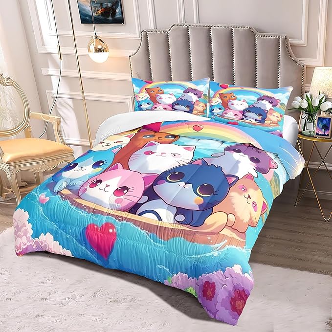 Cat Bedding Set Queen Size - Cute Girls Bedding Cat Comforter Set for Kids Teens Girls Cartoon Animal Print Cat Quilt Soft Breathable Kid Comforter Set, 1 Comforter 2 Pillowcase - LeafyLoom