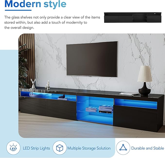 NicBex TV Stand for 100 Inch TV LED Gaming Entertainment Center Media Storage Console Table with 2 Glass Shelves and LED Color Changing Lights for Living Room,Bedroom,94.50 Inch,Black - LeafyLoom