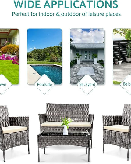 Patio Furniture, 4 Piece Conversation Set, Outdoor Wicker Rattan Table and Chairs, Sectional Sofa with Thick Cushion for Garden, Yard, or Porch, Grey - LeafyLoom
