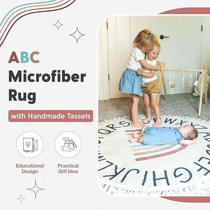 Round ABC Rug for Kids Playroom - 4ft Lovely Boho Rainbow Rug, Ultra Soft & Non Slip - Alphabet Circle Area Carpet for Nursery Toddler Baby Room - Colorful Cute Decor Mat for Girl & Boy, 47 inch - LeafyLoom