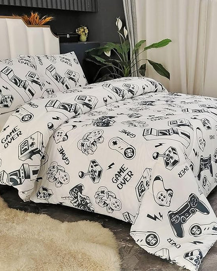 3PCS White Gamer Comforter Set Full for Boys Girls Teens and Kids, Soft Microfiber Cute Comforter Full Size, Bed in a Bag Full Cozy House Collection, Hotel Luxury and Lightweight, Full - LeafyLoom