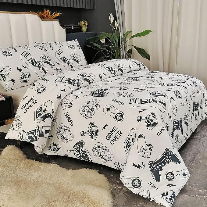 3PCS White Gamer Queen Comforter Set for Boys Girls Teens and Kids, Soft Microfiber Gaming Queen Size Bedding Set, Queen Bed in a Bag Cute Room Decor, Hotel Luxury and Lightweight, Queen - LeafyLoom