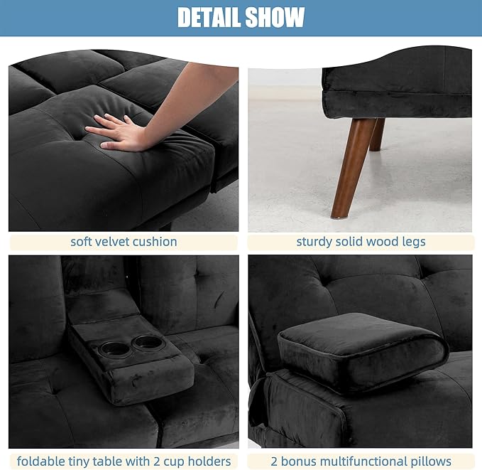 Shintenchi Futon Sofa Bed, Convertible Couch Bed Loveseat, Modern Futon Recliner Sleeper, Small Lazy Futon Set for Living Room, Office, Apartment,e, Black - LeafyLoom