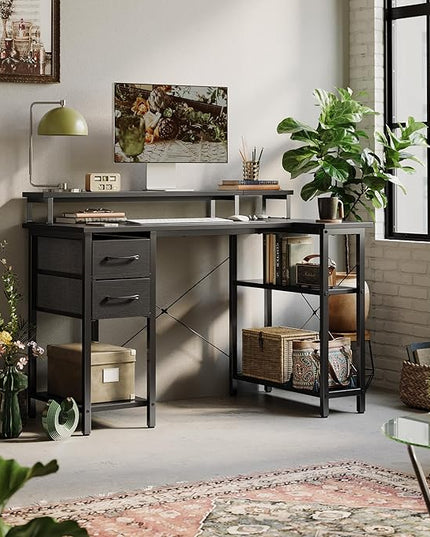 CubiCubi L Shaped Computer Desk with Monitor Stand & Shelves, 47 Inch Corner Home Office Desk Writing Table with Storage Drawer, Blck - LeafyLoom