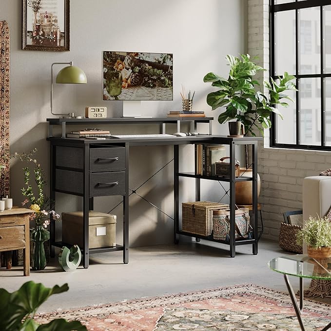 CubiCubi L Shaped Computer Desk with Monitor Stand & Shelves, 47 Inch Corner Home Office Desk Writing Table with Storage Drawer, Blck - LeafyLoom