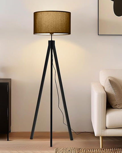 Brightech Eden Tripod LED Floor Lamp – Mid Century Dimmable Modern Light for Contemporary Living Rooms - Tall Free Standing Lamp with Solid Wood Legs for Bedroom, Office - Classic Black - LeafyLoom